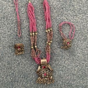 Beaded Pink Necklace and Earrings Set w Ear Wrap
